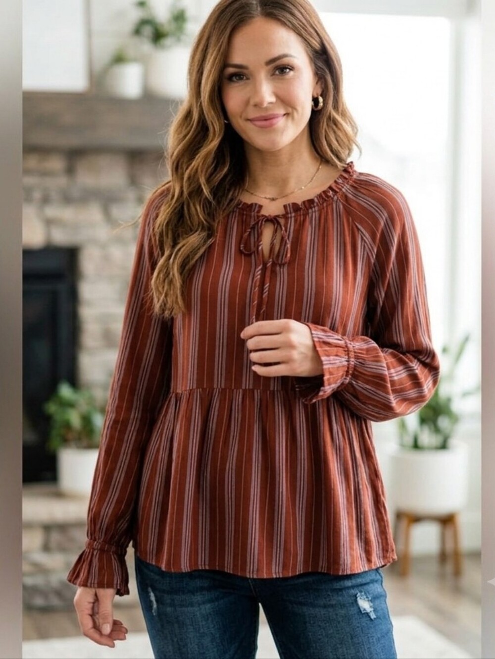 Wonderly Rust Striped Ruffle Blouse Size M